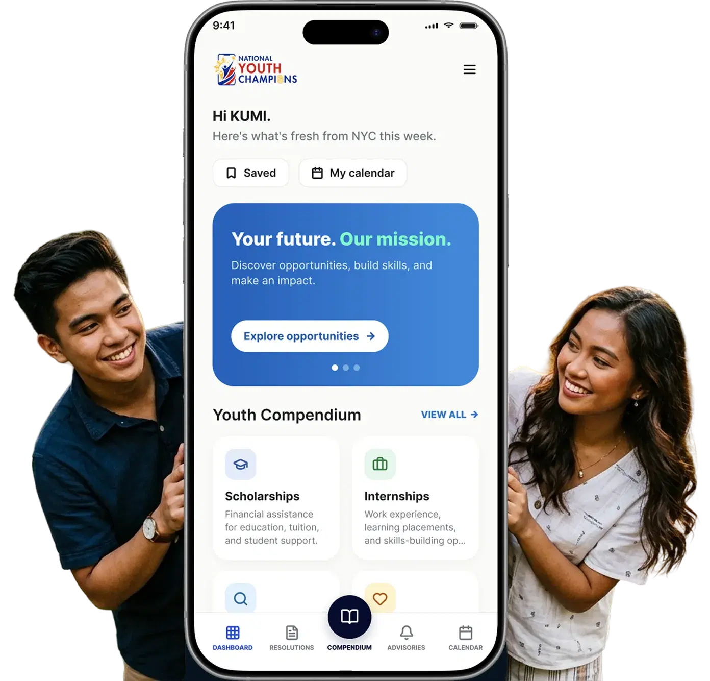 Two smiling youths holding a smartphone showing the Youth Champion app.